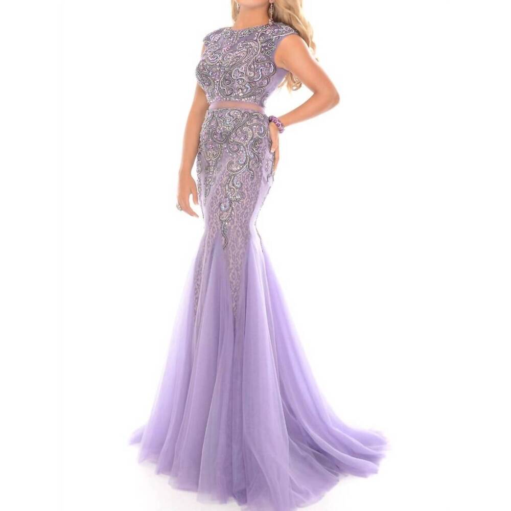 NEW PRECIOUS FORMALS two piece illusion beading mermaid gown in passion
